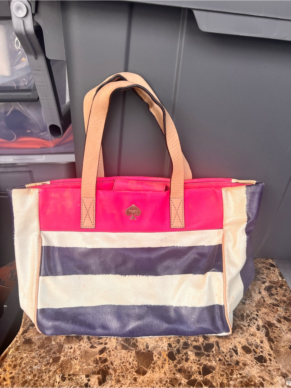 kate spade Striped Tote in Pink, Navy & Cream with Tan Handles